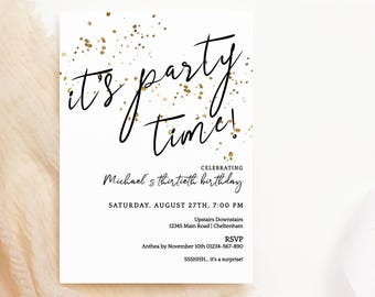 Adult Party Time Invitation Template | Editable Milestone Birthday Party Invitation Printable | Minimalist Download Invites | Black Gold