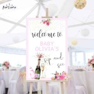 Sip and See Welcome Sign Baby Girl Template, Pink Floral New Baby Meet and Greet Party Welcome Poster Printable, Editable Download P275