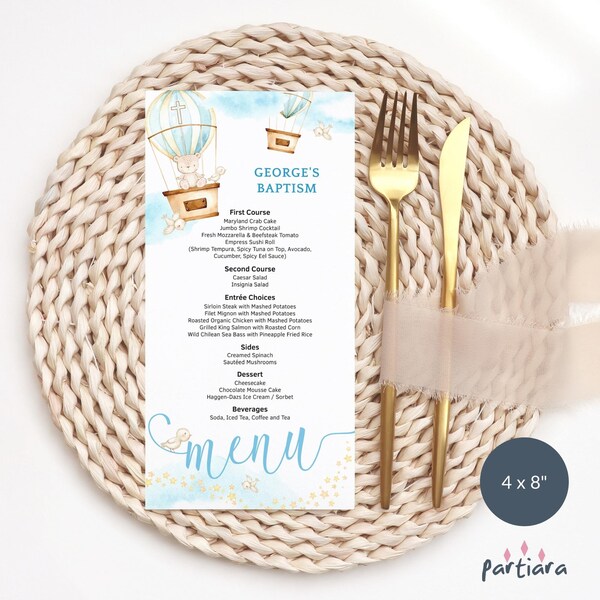 Jongen doopsel menu ballon tabelmenu's afdrukbare omhoog omhoog weg 1e verjaardag baby shower partij decoratie bewerkbare digitale download sjabloon P59