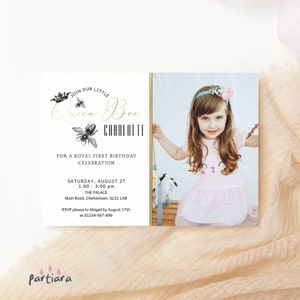Birthday Bee Party Invitation Girl Editable Queen Bee Photo Invite Printable Digital Download Template Royal Tea Garden Party Black Gold P89