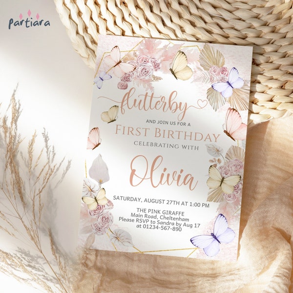 Boho Butterflies Pampas Floral Invitation Editable Girl's 1st Birthday Party Invites DIY Printable Digital Download, Pastel Pink Gold P171
