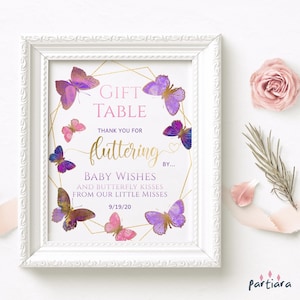 Papillons cadeau plaque de table fille baby shower décorations imprimables cadeau de fête d'anniversaire signalétique de remerciement modèle modifiable à télécharger P8 P337