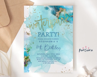 Waterpark Party Invitation Printable Birthday Water Adventure Boy Girl Invite Editable Digital Download Template Teal Blue Gold P132 P243