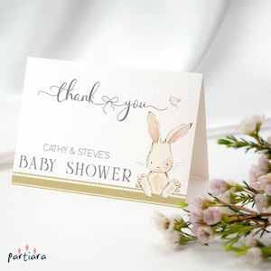 Modèle de carte de remerciement modifiable lapin, carte de correspondance pliante baby shower imprimable, décor floral printanier neutre, téléchargement modifiable P504