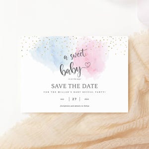 Speichern Sie das druckbare Datum-Babyparty, Junge Mädchen Geschlecht offenbaren Speichern Sie die Datumskarte, Pastellblau-Rosa-Party-Ankündigung Bearbeitbar Download P16
