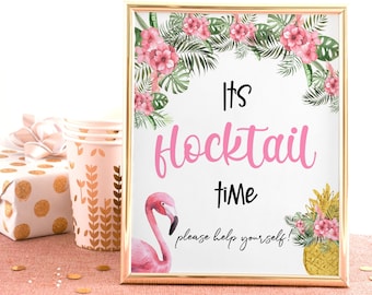 Damen Tropical Birthday Cocktail Bar Getränke Zeichen druckbare Flamingo Brautparty Flocktails Hot Pink Tischdekoration Bearbeitbare Vorlage P174