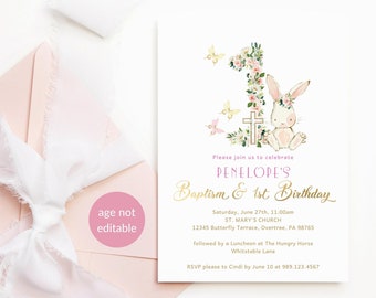 Easter Baptism Invitation 1st Birthday Joint Party Invite Template for Girls, Pink Floral Bunny Rabbit Printable, Editable Download P376