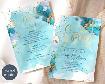 Ladies 40th Birthday Invitation Weekend Party Printable, Spa Party Invites, Beach Theme, Teal Blue Gold Decor Editable Digital Download P243