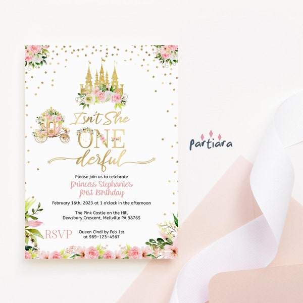 Princess ONEderful 1st Birthday Invite Printable Fairytale Castle Carriage Pink Gold Floral Decor Editable Digital Download Template P137
