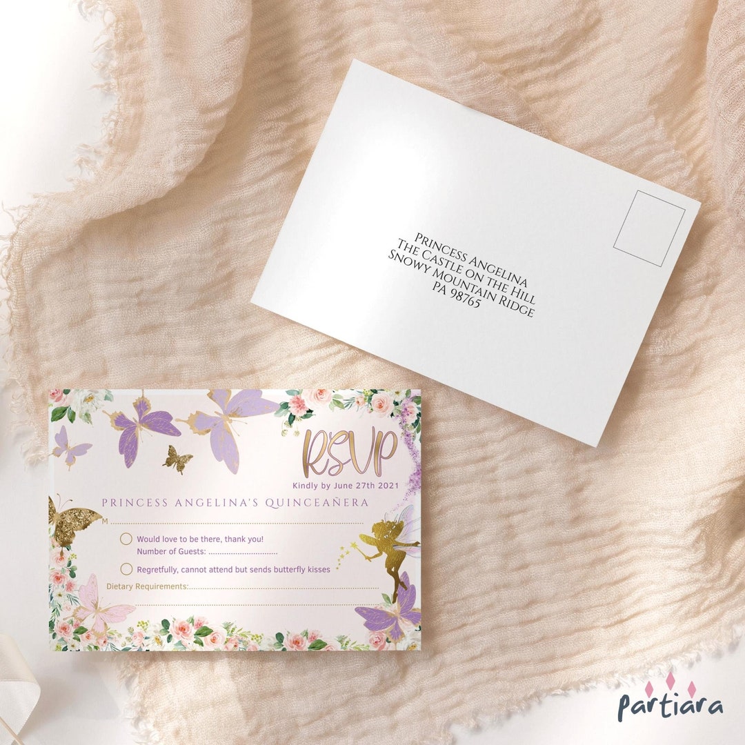 Quinceanera RSVP Card, Butterfly Birthday Rsvps Invitation Insert Cards ...