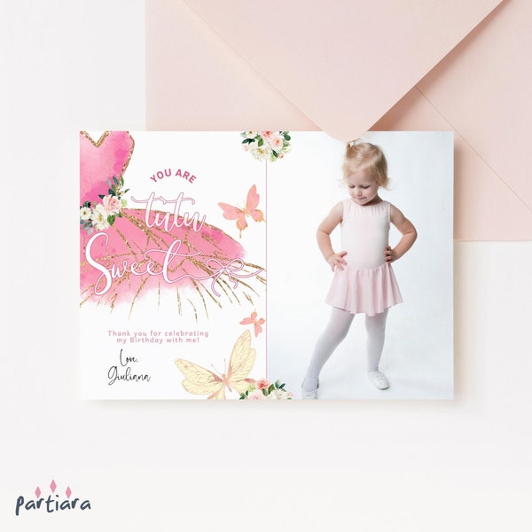 Girl Tutu Sweet Thank You Card Ballerina 2nd Birthday Party Printable Photo Notecard Butterfly Floral Blush Pink Editable Template P463