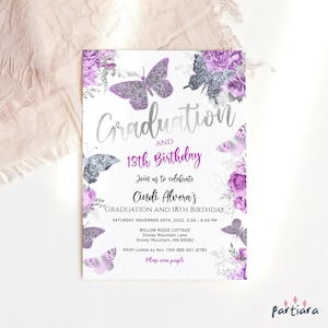 Faire-part de remise des diplômes filles, modèle d'invitation florale de fête des diplômés, carte d'anniversaire papillon argent lilas violet imprimable et modifiable téléchargement P36