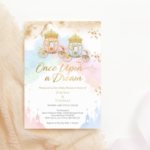 Once upon a Dream Baby Shower Invite Principe Principessa Invito Stampabile Ragazzo Ragazza Gemelli Castello delle Fiabe Carrozze Modificabile Scarica P137
