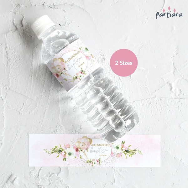 Girl Baptism Water Bottle Labels Printable Small Dumpy Soda Bottles Label Wrap Editable Download Template Blush Pink Gold Balloons P10 P344