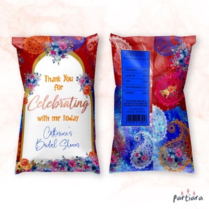 Modello di sacchetto Paisley Chip, etichette per bomboniere per addio al nubilato a tema indiano stampabili, serata Mehndi, eventi di compleanno Sangreet, modificabile P808