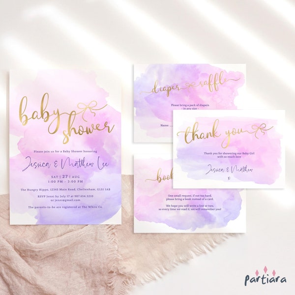 Girl Baby Invite Bundle Pastel Pink Lilac Gold Tea Party Invitation Set Printable Easter Spring Party Editable Digital Download Pack P748