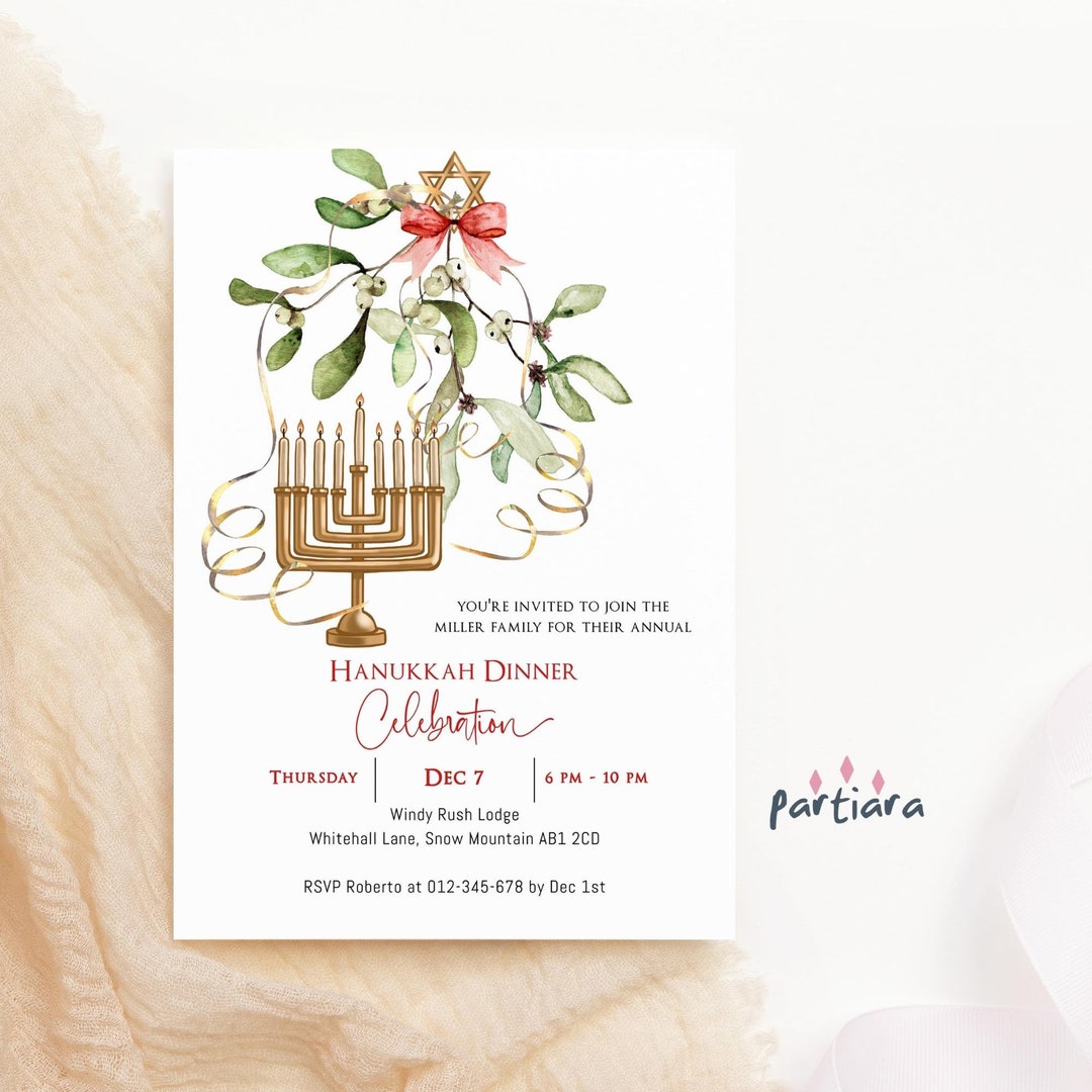 Hanukkah Celebration Invite Template Editable Hanukkah Dinner Party Mistletoe and Menorah