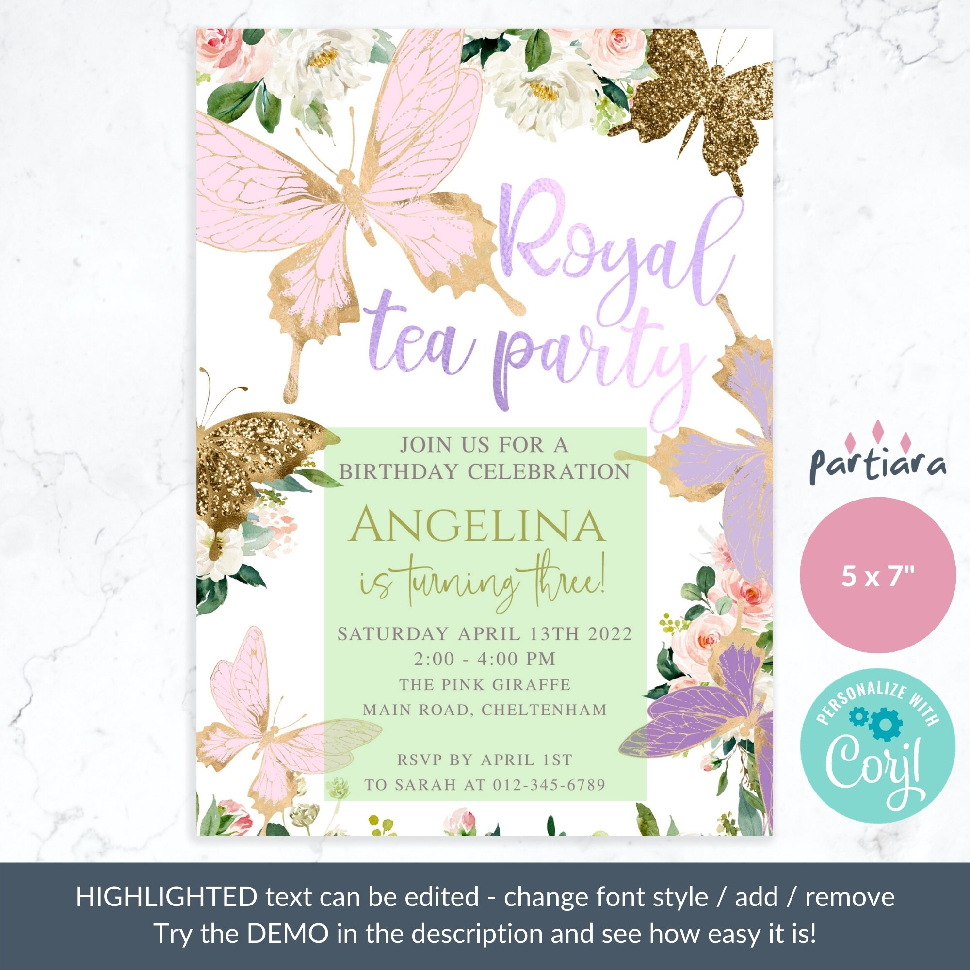 Butterfly Royal Tea Party Invitation Girls Birthday Invite | Etsy