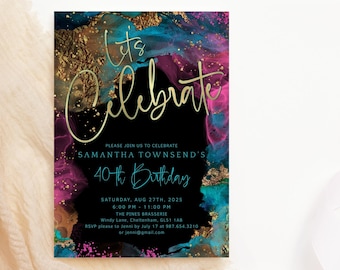 Ladies Birthday Invitation Template, Teal Blue Party Invite Printable, Hot Pink Black Gold Dinner Invites, Editable Digital Download P750