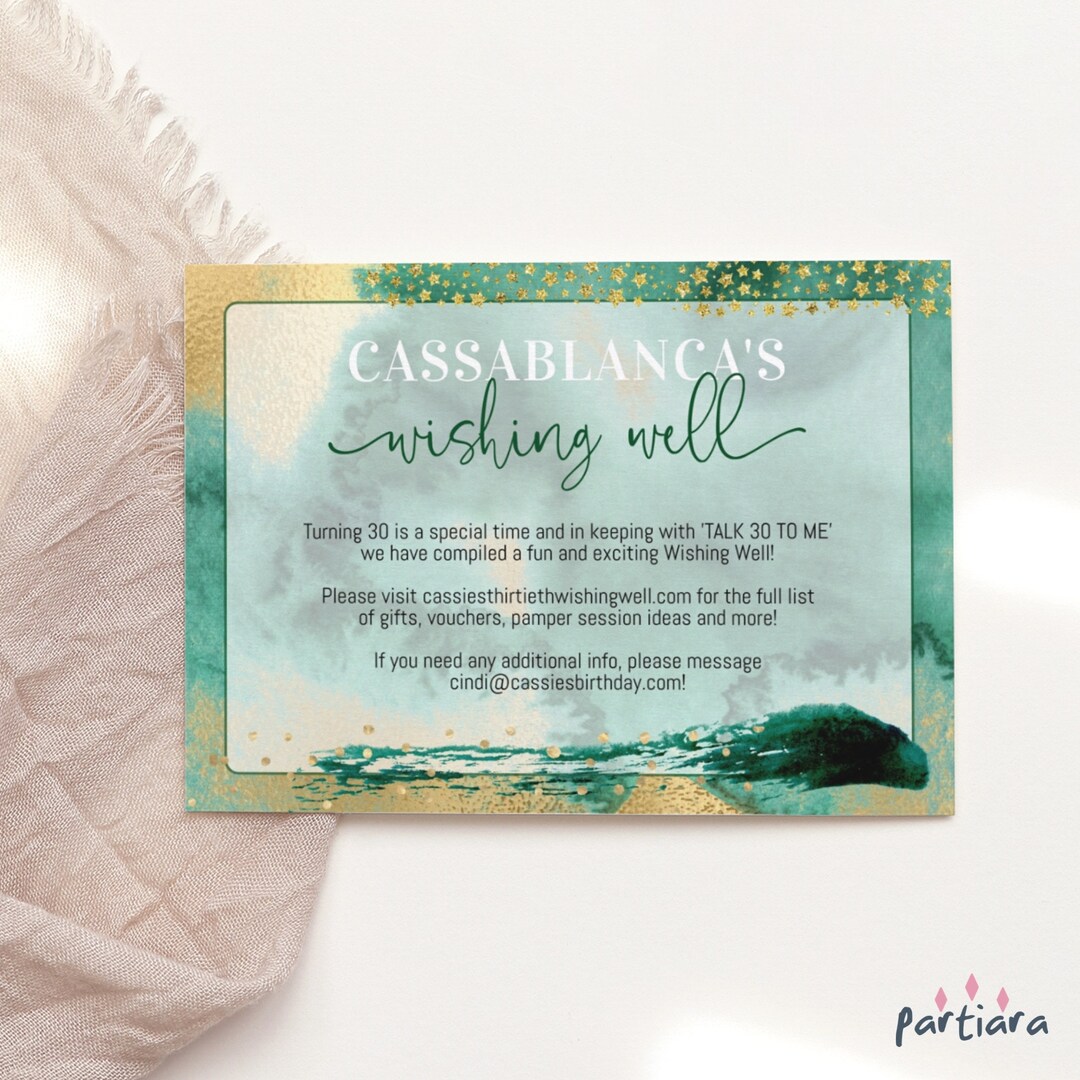 Birthday Wishing Well Card Invitation Insert Request Cards Ladies Emerald Green Gold Retirement ...