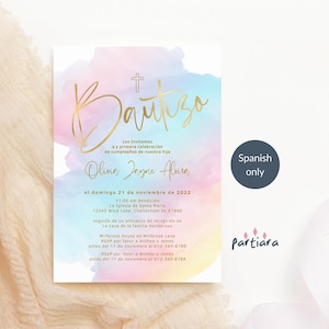 Spanische Taufeinladung Regenbogen Vorlage, Pastell 1. Geburtstag Gemeinsame Taufe Party einladen Printable für Mädchen, editierbare Karte P179