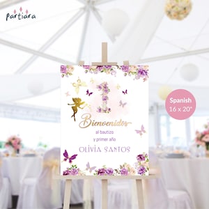 Fairy 1st Birthday Sign Baptism Welcome Spanish Printable Poster Butterfly Floral Pink Purple Gold Decor Editable Digital Download P276