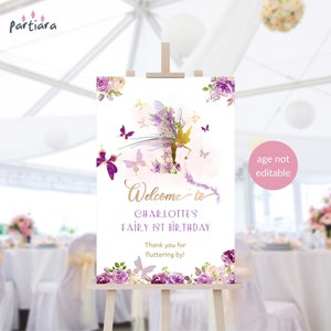 Fairy First Birthday Welcome Sign Printable Girl&#39;s 1st Butterfly Floral Fairies Party Welcome Poster Decor Purple Pink Editable 20x30 P276