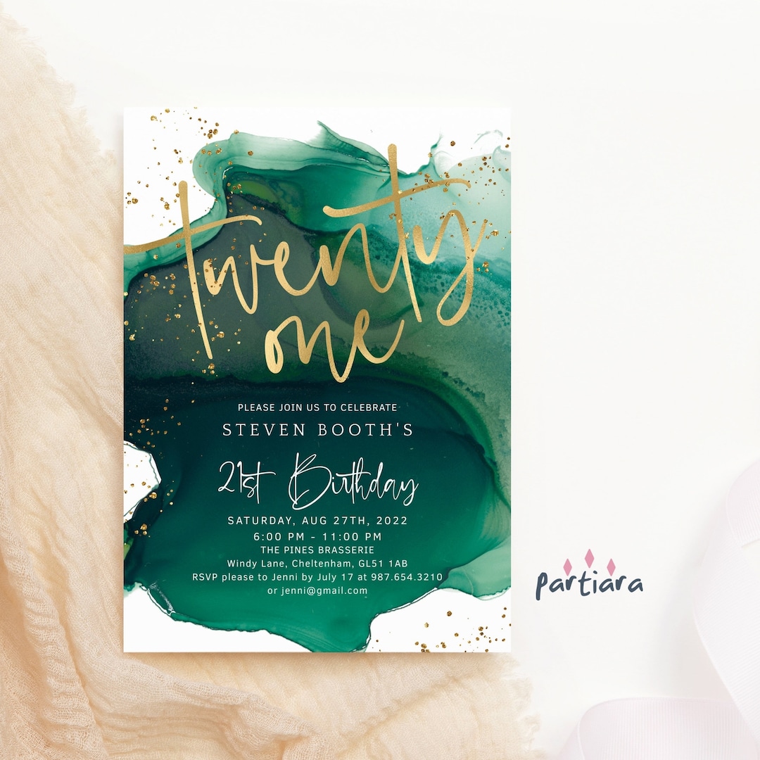 21st Birthday Invitation Editable Emerald Gold Party Invites for Men or