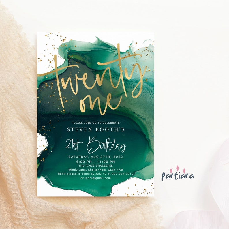 May include: Green and gold 21st birthday invitation with a watercolor background. The invitation reads "Twenty One" in gold script and includes the text "Please join us to celebrate Steven Booth's 21st Birthday". The invitation also includes the date, time, and location of the event.