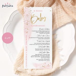 Rosa Babypartymenüvorlage, Mädchen-Babypartytischmenüs druckbar, Pastellgolddekor, bearbeitbarer digitaler Download P249