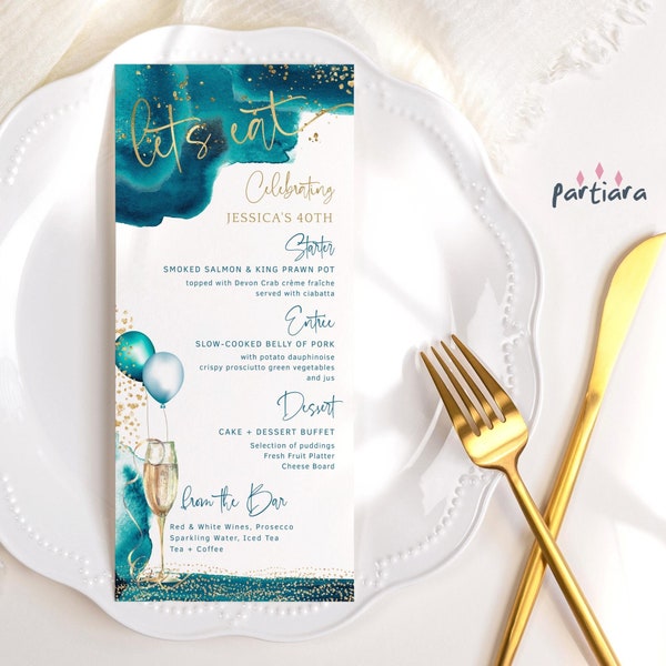 Birthday Menu Cards Editable Teal Gold Party Table Menus Template Ladies Blue Green Balloons Decor Printable Instant Download P132 P374