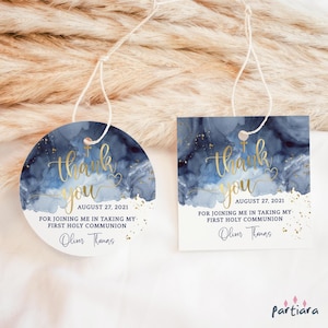 Erstkommunion Tags, Dankeschön Geschenke Tag Printable für Jungen, Taufe Etiketten, Marineblau Weiß Gold Dekor, bearbeitbare Vorlage P239