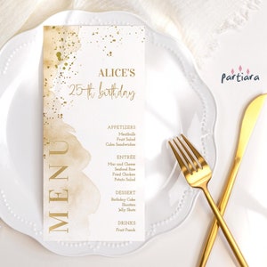 Todos os cartões de menu de aniversário em ouro branco, menus de mesa para festa à noite das mulheres, modelo para impressão, editável e download instantâneo P441