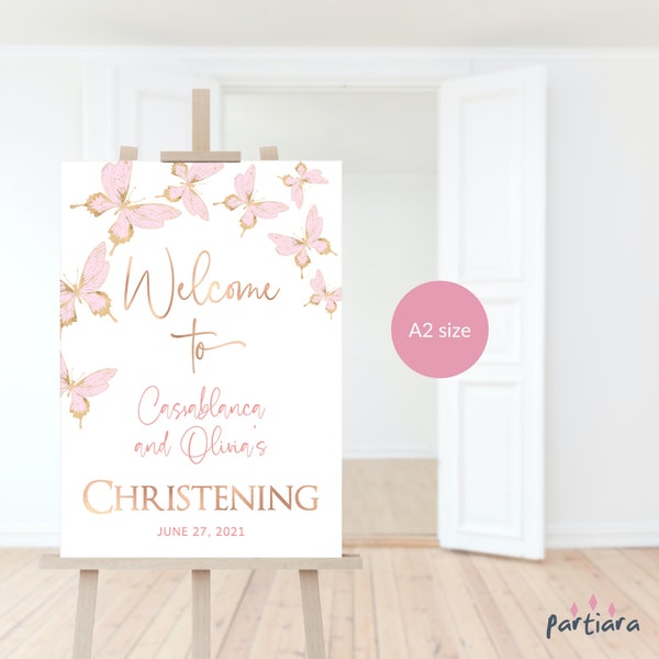 Twin Girls Christening Welcome Sign Rose Gold Blush Pink Butterfly Party Welcome Poster Decor Editable Digital Download Template P6 P293