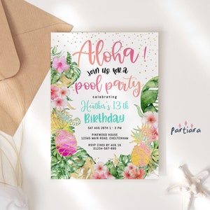 Tropische Pool Party Aloha Geburtstagseinladungsvorlage, Teen Girls oder Damen Hawaiianisches Thema Einladung Druckbare bearbeitbare Blumenkarte P47