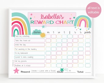 Rainbow Reward Chart Girls Printable Daily Homework Tasks Schedule Homeschooling Routine Task Editable Digital Download Sign P421