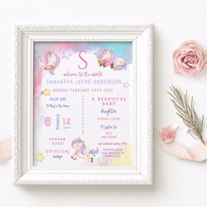 Baby Birth Stats Template, Unicorn Newborn Baby Girls Birth Stats Sign Printable, Pastel Rainbow Nursery Gift, DIY Editable Template P179