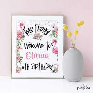 Flamingo Birthday Sign Welcome Party Table Poster Decoration Teens Girls Ladies Bridal Shower Tropical Floral Decor Printable Editable P174 image 1