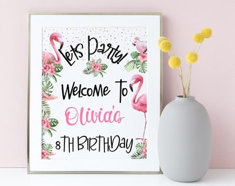 Flamingo Birthday Sign Welcome Party Table Poster Decoration Teens Girls Ladies Bridal Shower Tropical Floral Decor Printable Editable P174