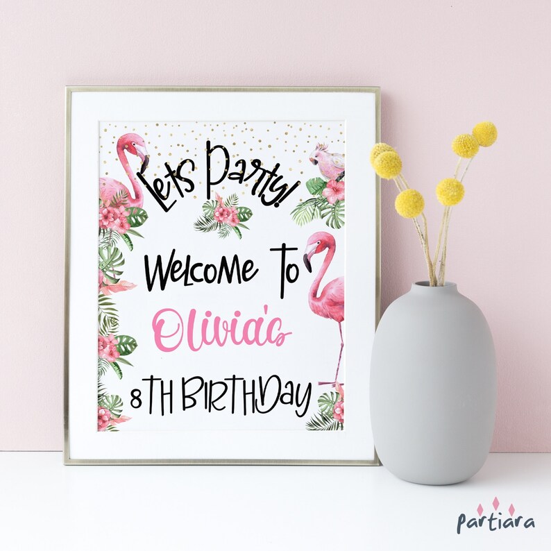 Flamingo Birthday Sign Welcome Party Table Poster Decoration Teens Girls Ladies Bridal Shower Tropical Floral Decor Printable Editable P174 image 1