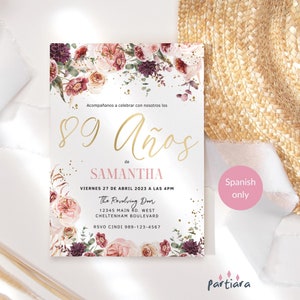 89th Birthday Invitation Spanish Party Template, Ladies Pink Floral Invite Printable, Blush Purple Card, Editable Digital Download P173