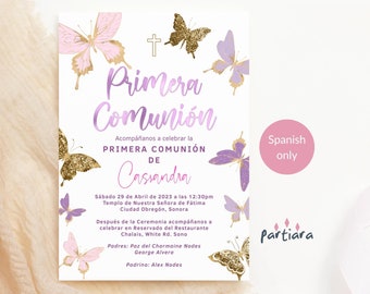 Meisje eerste communie uitnodiging Butterfly Party nodigt uit in het Spaans Blush roze Lila goud afdrukbare bewerkbare digitale download sjabloon P345