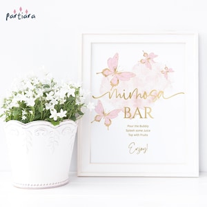 Plantilla de cartel para bar con mimosa y mariposas, póster decorativo para mesa de bebidas con mimosa y mariposas para despedida de soltera, descarga digital editable e imprimible P293