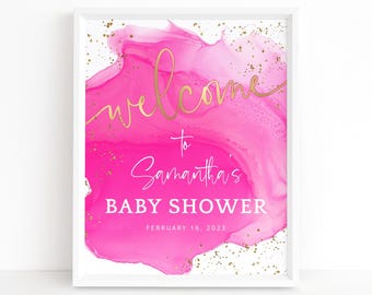 May include: Pink and white baby shower welcome sign with gold glitter and the text "Welcome to Samantha's Baby Shower February 16, 2023".