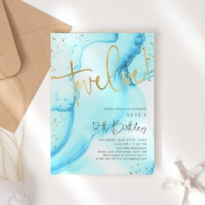 12th Birthday Invitation Digital Download Disco Pool Party Invite for Boys or Girls Printable Blue and Gold Decor Editable Template P296