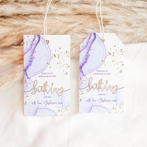 Etiquetas de regalo para cumpleaños de color morado, etiquetas de regalo para cenas de agradecimiento para damas, etiquetas imprimibles, decoración en dorado lila pastel, editables P300