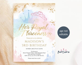 Girl Royal 3rd Birthday Invitation Printable Princess Pastel Fairytale Tea Party Editable Template Blue Pink Gold Castle Crown Decor P137