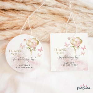Etiquetas de mariposa para regalos de agradecimiento, imprimibles, para el primer cumpleaños de niña, con mariposas, globos rosas y dorados, plantilla editable P382