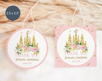 May include: Two pink and gold princess-themed thank you tags with a gold castle and floral design. The round tag reads "Thank You Princess Anastasia June 27th". The square tag reads "Thank You Princess Anastasia June 27th".