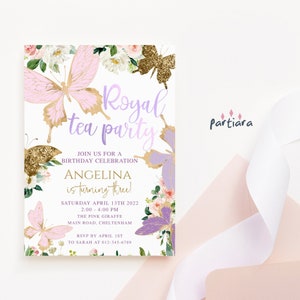 Butterfly Royal Tea Party Invitation, Girls Birthday Invite Editable Template, Blush Pink Purple Gold Floral DIY Printable Download Cards P6